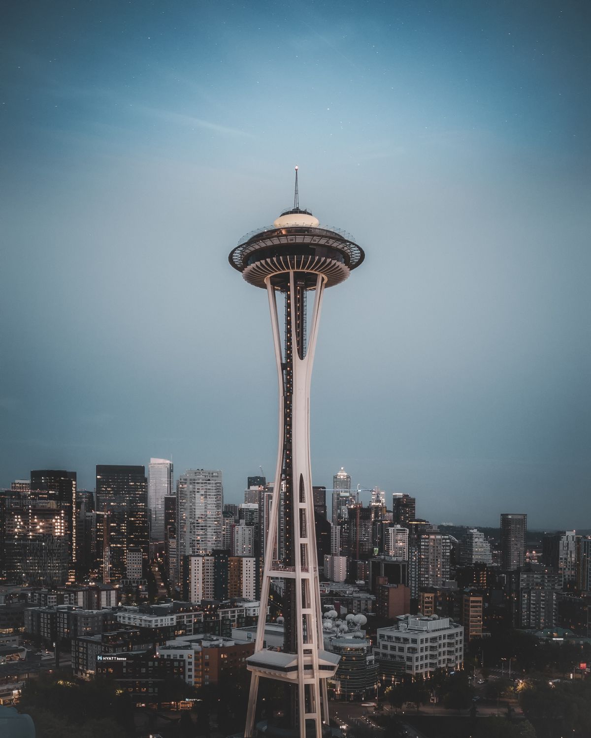 The Space Needle and downtown Seattle at dusk